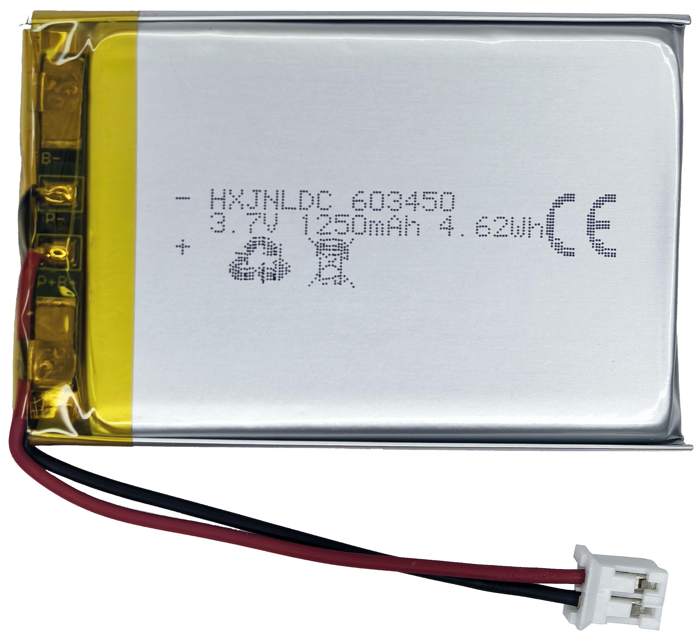 HXJNLDC DC 3.7V 1250mAh 603450 Rechargeable Lithium Polymer Battery Suitable for Replacing Built-in 2-Wire Batteries in 3.7-5V Electronic Devices and LED Lights