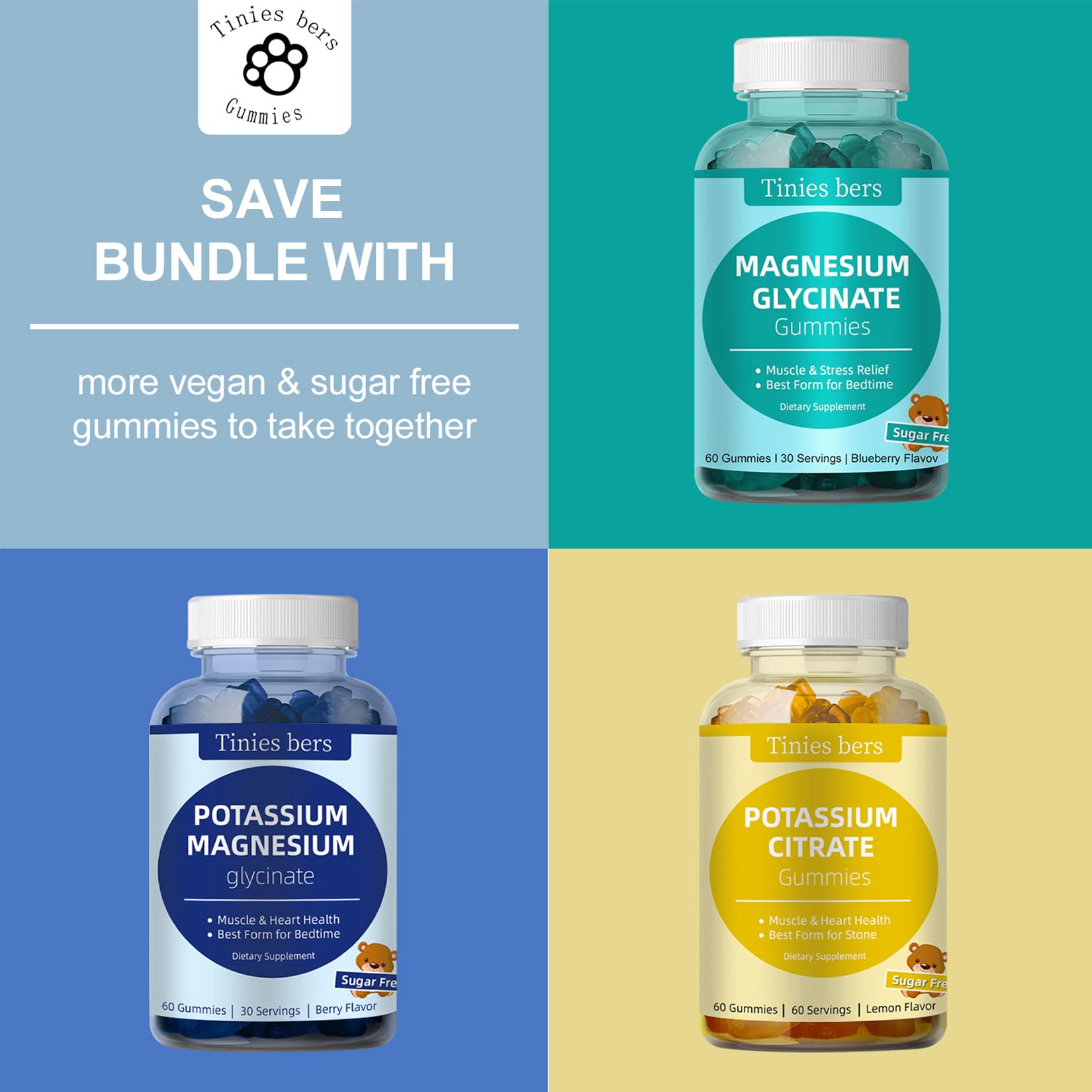 Potassium Magnesium Gummies, Potassium Gummies Sugar Free for Adults Kids, Support Leg Cramps & Muscle & Heart Health, Magnesium Glycinate Gummies Best for Bedtime, Vegan, Non-GMO, Berry Flavor, 60