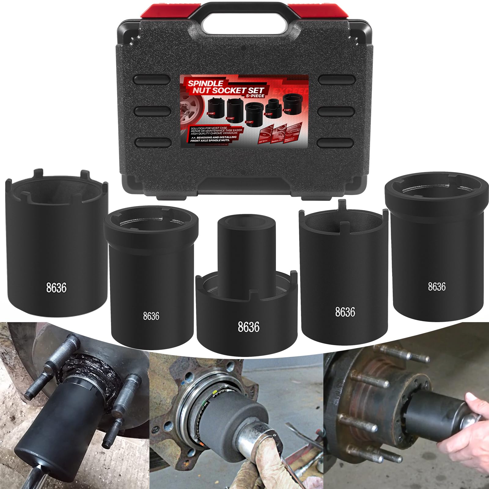 Photo 1 of Spindle Nut Socket Tool Kit 5 Pcs Axle Hub Lock Nut Socket Set 1/2” Drive Wheel Drive Spindle Nut Remover Installer for Ford Dana 50/60, Chevy, and Dodge, Replace# 648636 Lug Out Spindle Socket Set