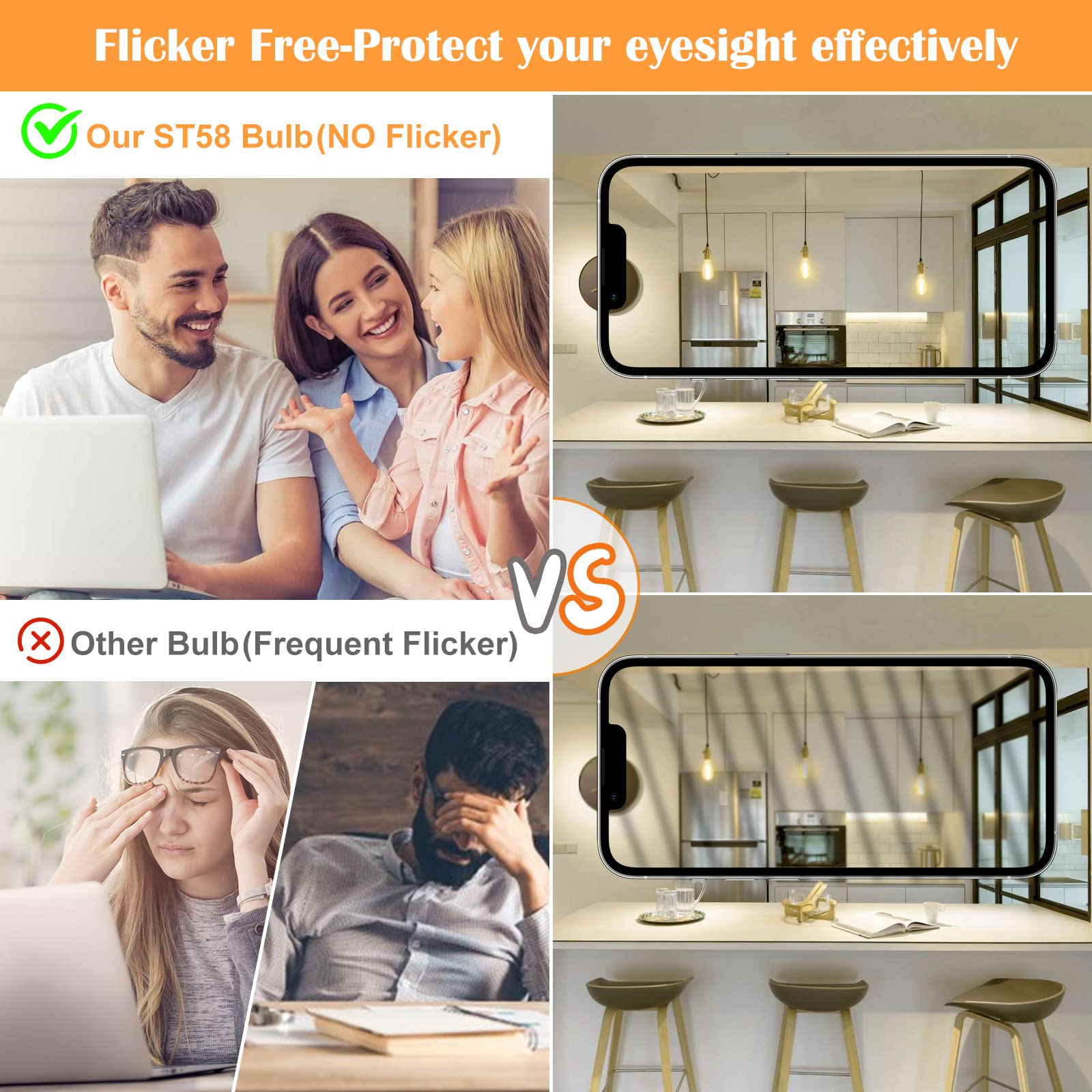 PARTPHONER LED Light Bulbs Dimmable Vintage Edison Bulb, E26 LED Bulb 60W Equivalent 720 Lumens, Warm White 2700K, ST58 Antique LED Filament Bulb CRI 85+, Clear Glass, Pack of 4