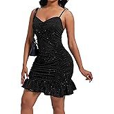 Women's Summer Spaghetti Strap Bodycon Ruched Sexy Sparkly Sequin Sleeveless Ruffle Hem Mini Dress with Pearl