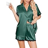 Ekouaer Womens Satin Pajamas Set Button Down 2 Piece Silky Pjs Shorts Set Notch Collar Sleepwear