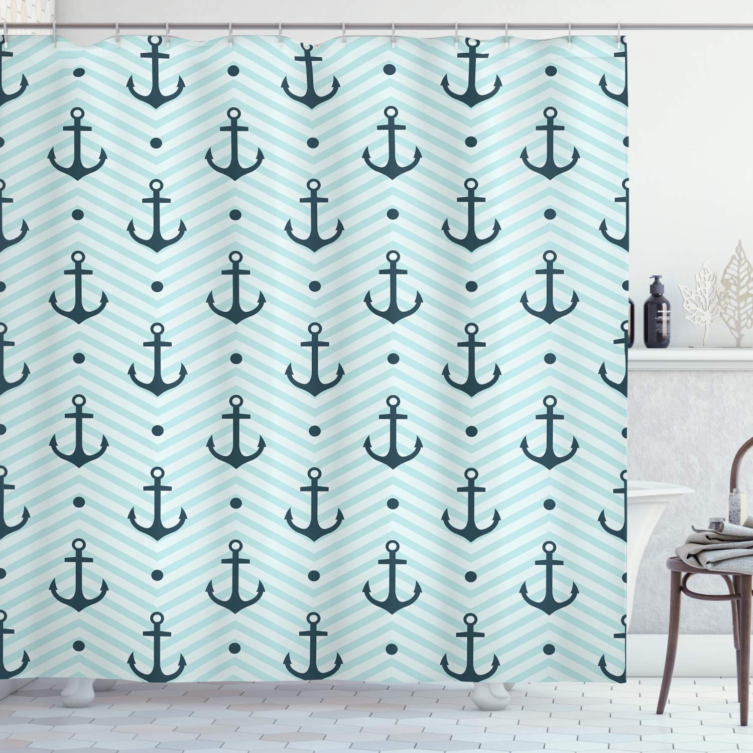 ABAKUHAUS Anchor Shower Curtain, Anchors Zigzag Chevron Background Abstract Waves Monochromic Work of Art, Cloth Fabric Bathroom Decor Set with Hooks, 86 Inches Extra Long, Dark Green Turquoise