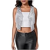 SHENHE Women's Metallic Sequin Fringe Vest Open Front Sleeveless Crop Jacket Rave Clubwear
