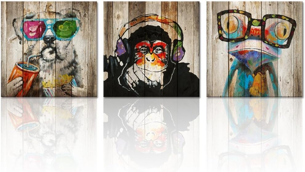 Kolo Wall Art 3 Piece Abstract Animals Nursery Canvas Prints Wall Art Frog Gorilla Dog Painting Picture on Vintage Wood Background Kids Boy Room Wall Decor Stretched and Framed Ready to Hang 16"x16"x3