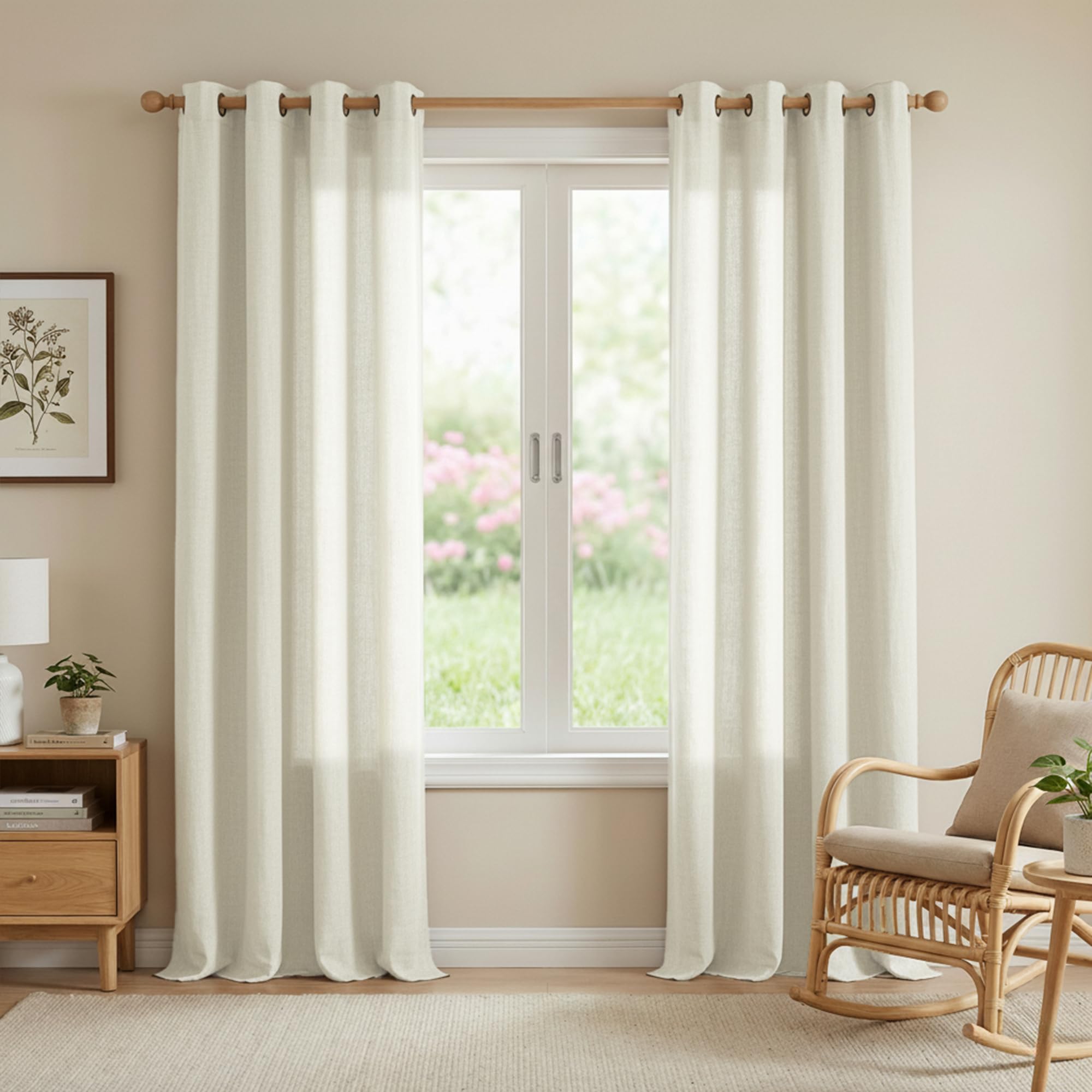 PONY DANCE Linen Curtains 96 Drop Pair, Extra Long Semi Sheer Curtains Eyelet Top Thick Flax Window Treatment Panels for Living Room/Bedroom Decoration, Cream Beige, 55 Inches Width, Set of 2