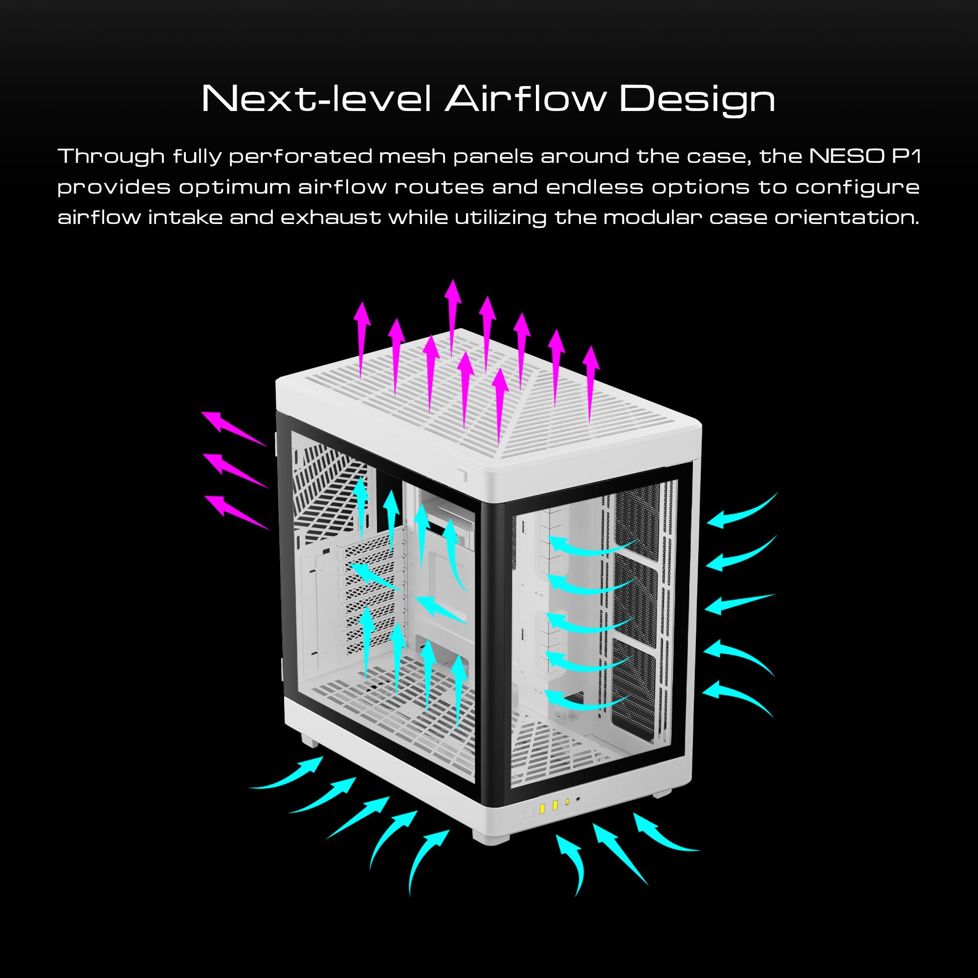 GAMDIAS RGB Dual-Chamber Panoramic Tempered Glass Gaming PC Case; 2-way Standing with Vertical & Horizontal Orientaton and One-touch Open; Computer Case support 420mm AIO & Huge Cable Management Space