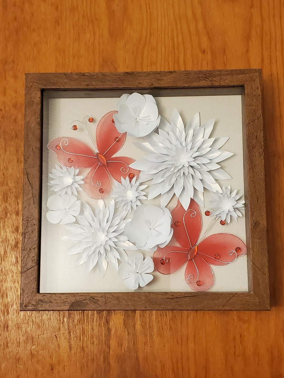Amazon Com Paper Flowers Shadow Box White Dahlias Apple Blossoms Red Butterflies Shadowbox 9 X 9 Handmade