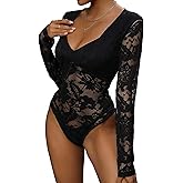 Everbellus Women's Sexy Long Sleeve Bodysuit Sweetheart V Neck Body Suits Lace Blouse Tops Date Night Clubwear