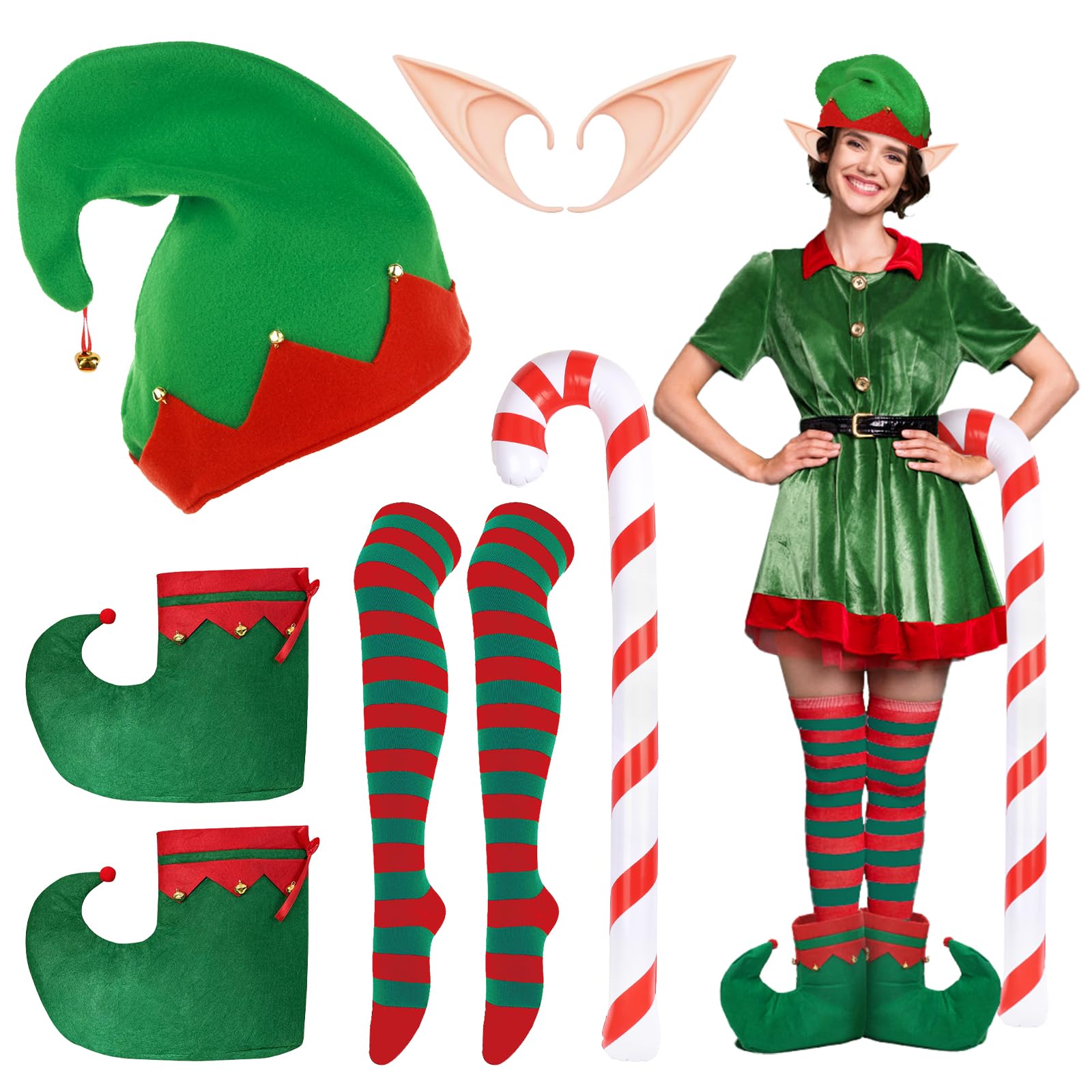 Landifor 5 pcs Christmas Elf Costume Accessories Santa Helper Costume Elf Hat Shoe Cover Striped Stocking Pixie Ears with Inflatable Candy Cane Gift for Adults Jingle Bell Xmas Winter New Year Eve