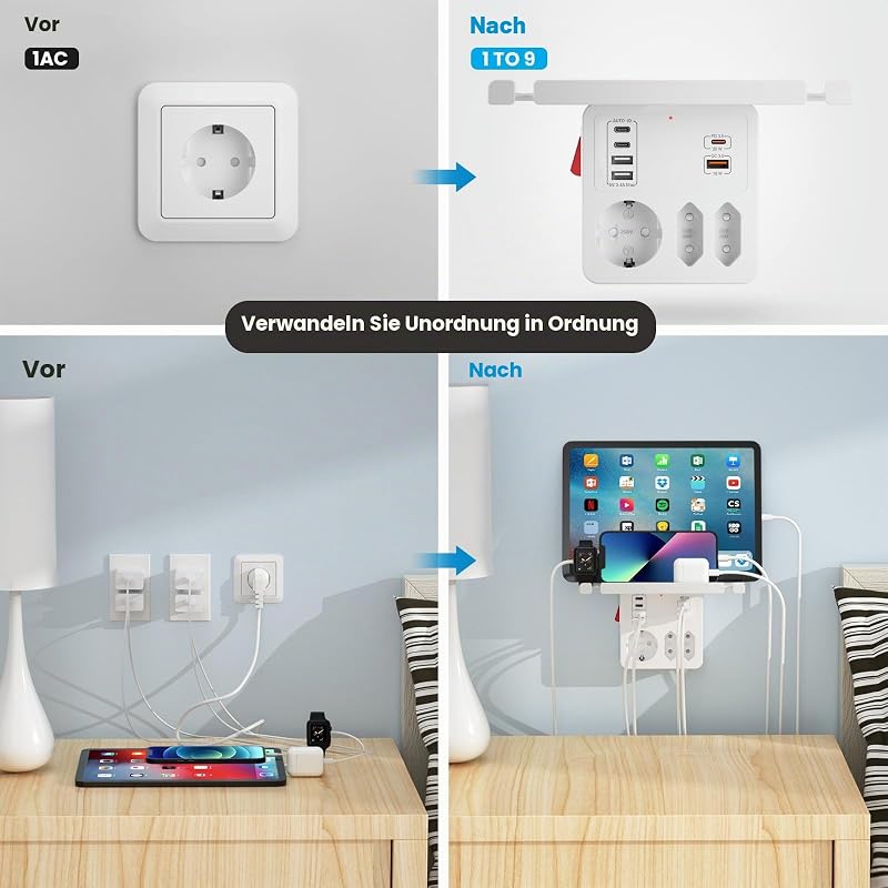 Mehrfachstecker für Steckdose USB C PD20W Schnellladung, mit Handy Ablage