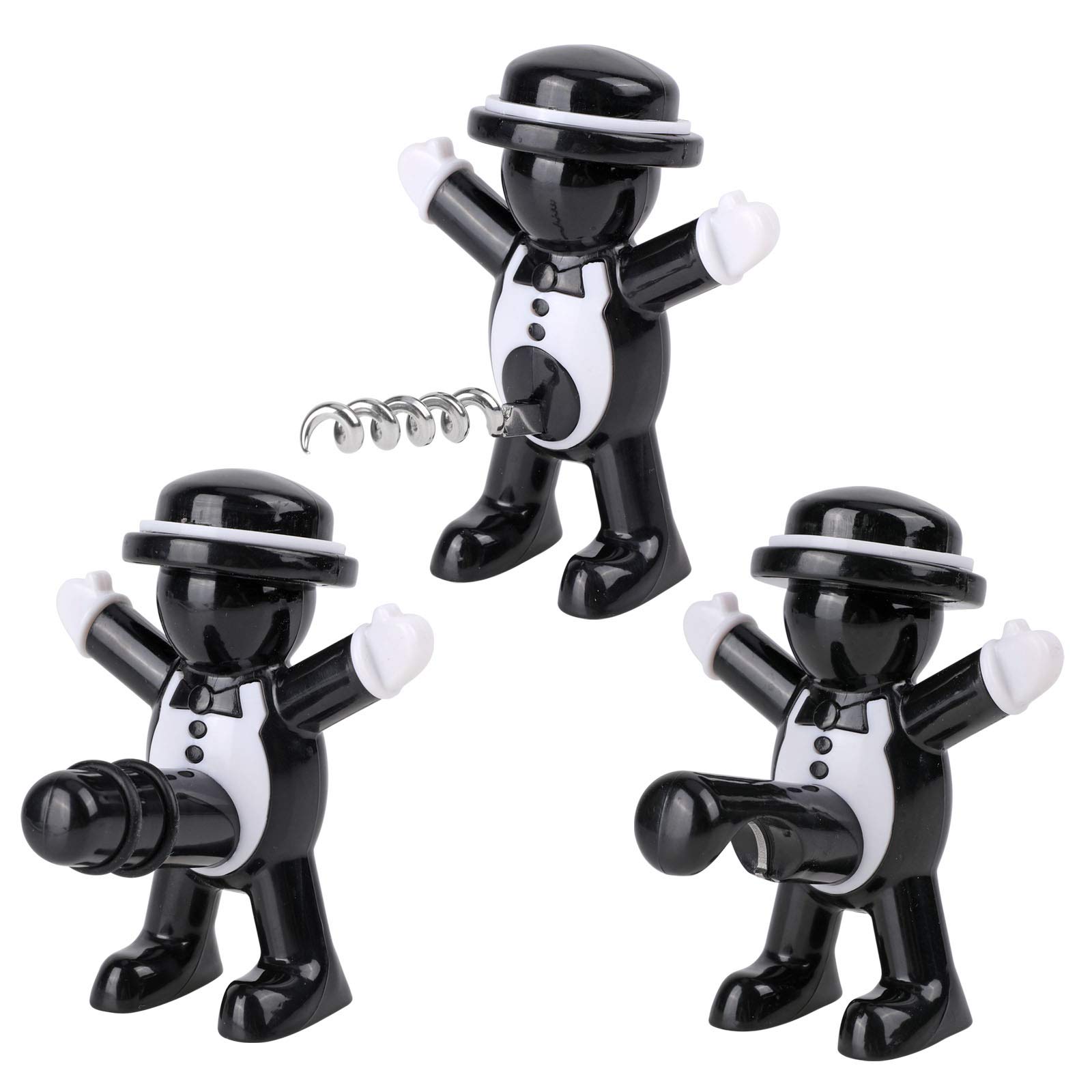 3 Pieces Black Cool Man Bottle Opener, Upgrade Wine Bottle Opener Happy Man Wine Bottle Stopper Beverage Wine Bottle Corkscrew Funny Waiters Corkscrew Cork Beer Cap Set Party Novelty