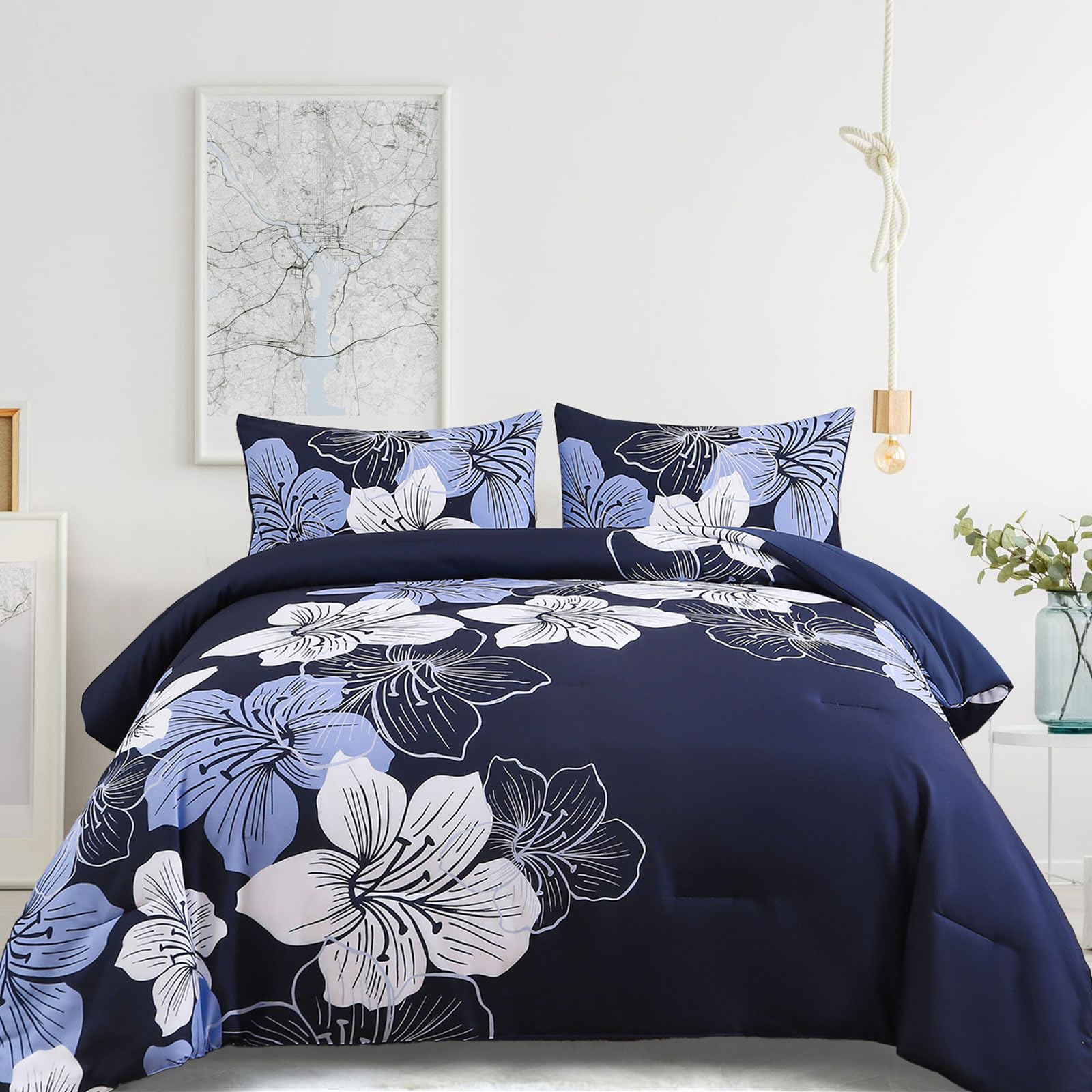 Photo 1 of Menghomeus California King Comforter Set Navy Blue Floral Bedding Comforter Sets - Soft Microfiber Bed Set for All Season 3 Piece Botanical Flowers Comforter, Pillowcases