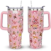 bchiijds 40 oz Cat Cup Tumbler with Handle Lid and Straw, Cat Themed Lover Gifts for Women, Cute Tumblers for Women, Pink