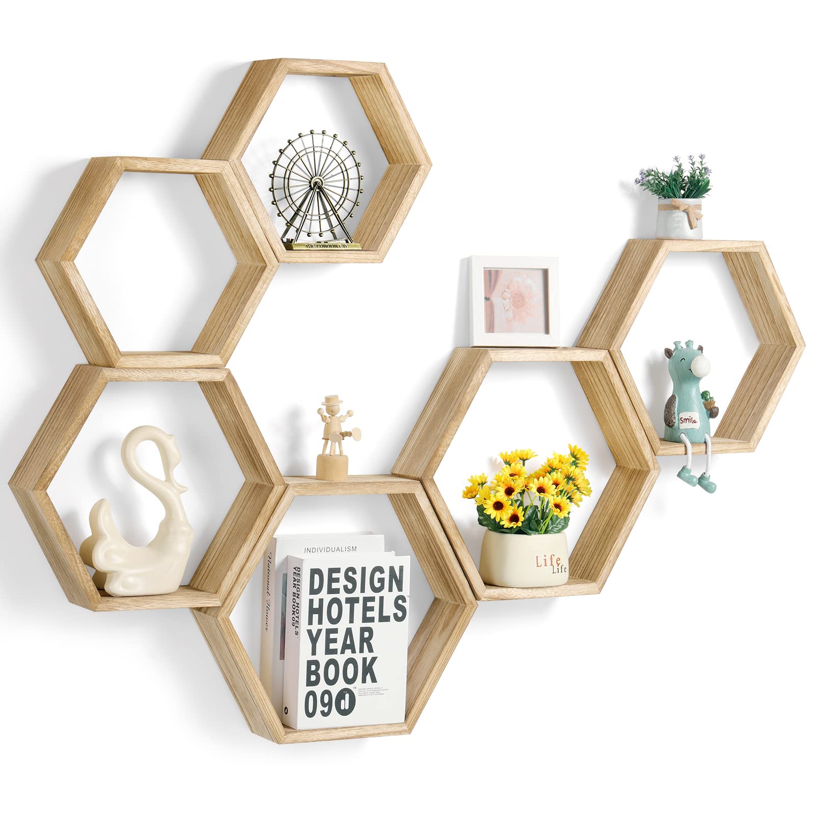 Photo 1 of YBING Hexagon Floating Shelves Wall Mounted Farmhouse Wood Storage Honeycomb Wall Shelf Set of 6 Hexagonal Shelves Wall Home Decor Hexagon Shelves for Living Room Bedroom Office, Light Brown