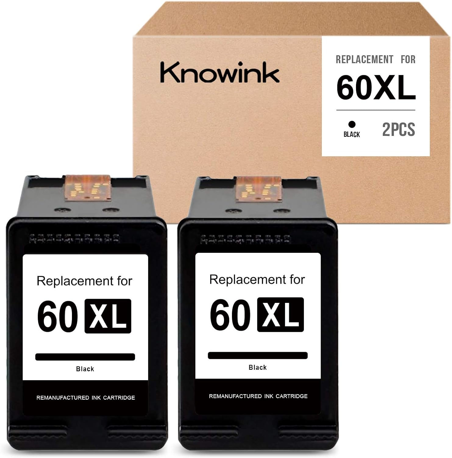 KNOWINK Remanufactured Ink Cartridge Replacement for HP 60XL 60 XL to use with Photosmart C4680 D110a Deskjet D2680 D2660 D2530 D1660 F4210 F2430 Envy 120 111 (Black, 2-Pack)