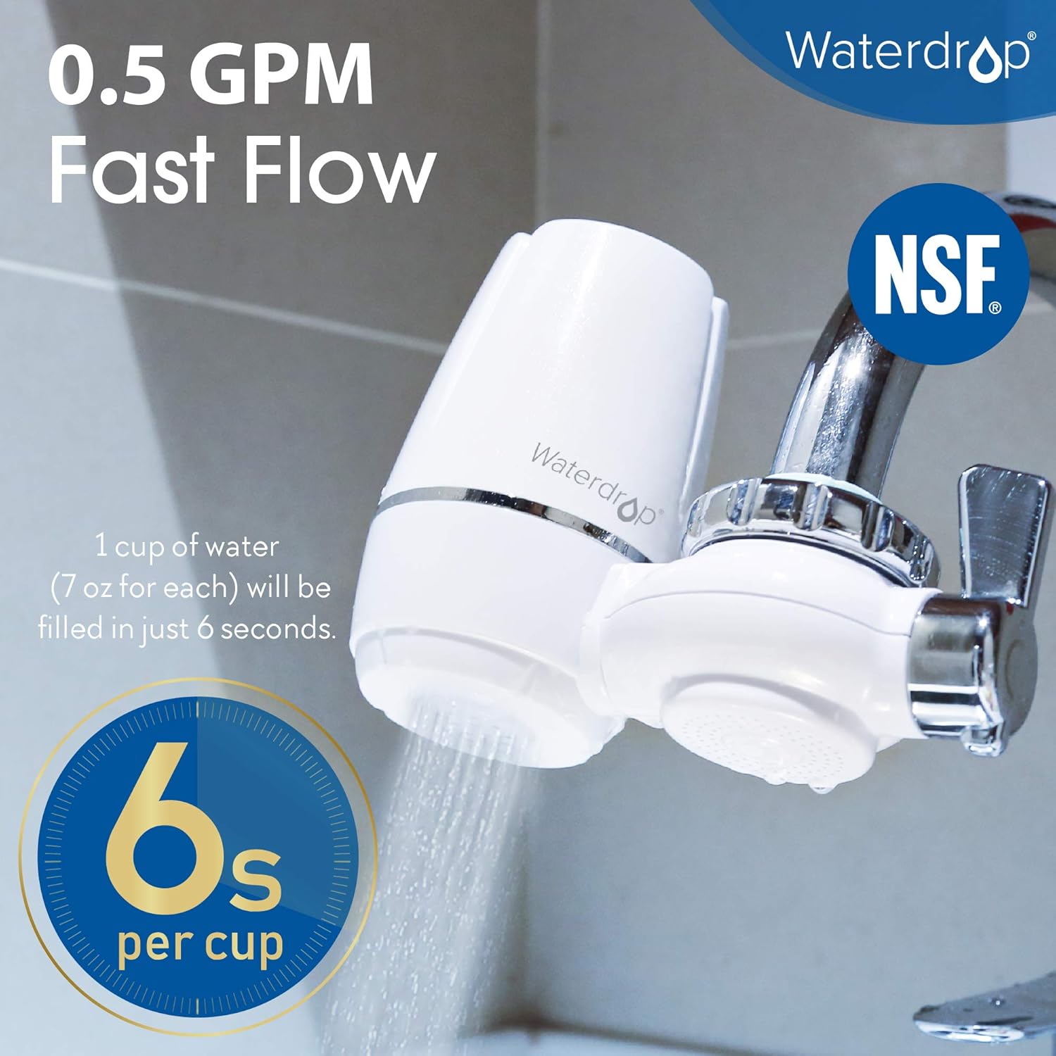 Waterdrop WD-FC-03 NSF Certified 320-Gallon ACF Water Faucet Filtration System, Faucet Filter, Removes Chlorine, Harmful Contaminants Metals & Sediments-Fits Standard Faucets, 1 Filter Include: Kitchen & Dining