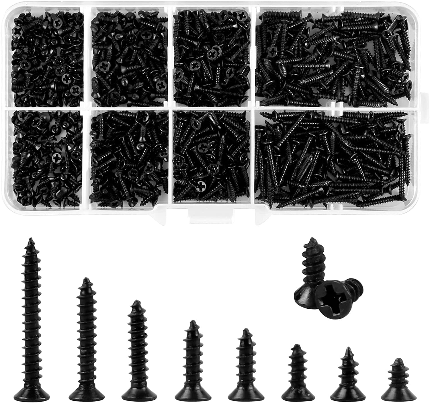 通用 800 Pcs Self Tapping Screws Assortment Kit, Cross Drive Flat Head Wood Screws, Carbon Steel, Black, M2*(4/5/6/8/10/12/16/20), 1000 Pcs