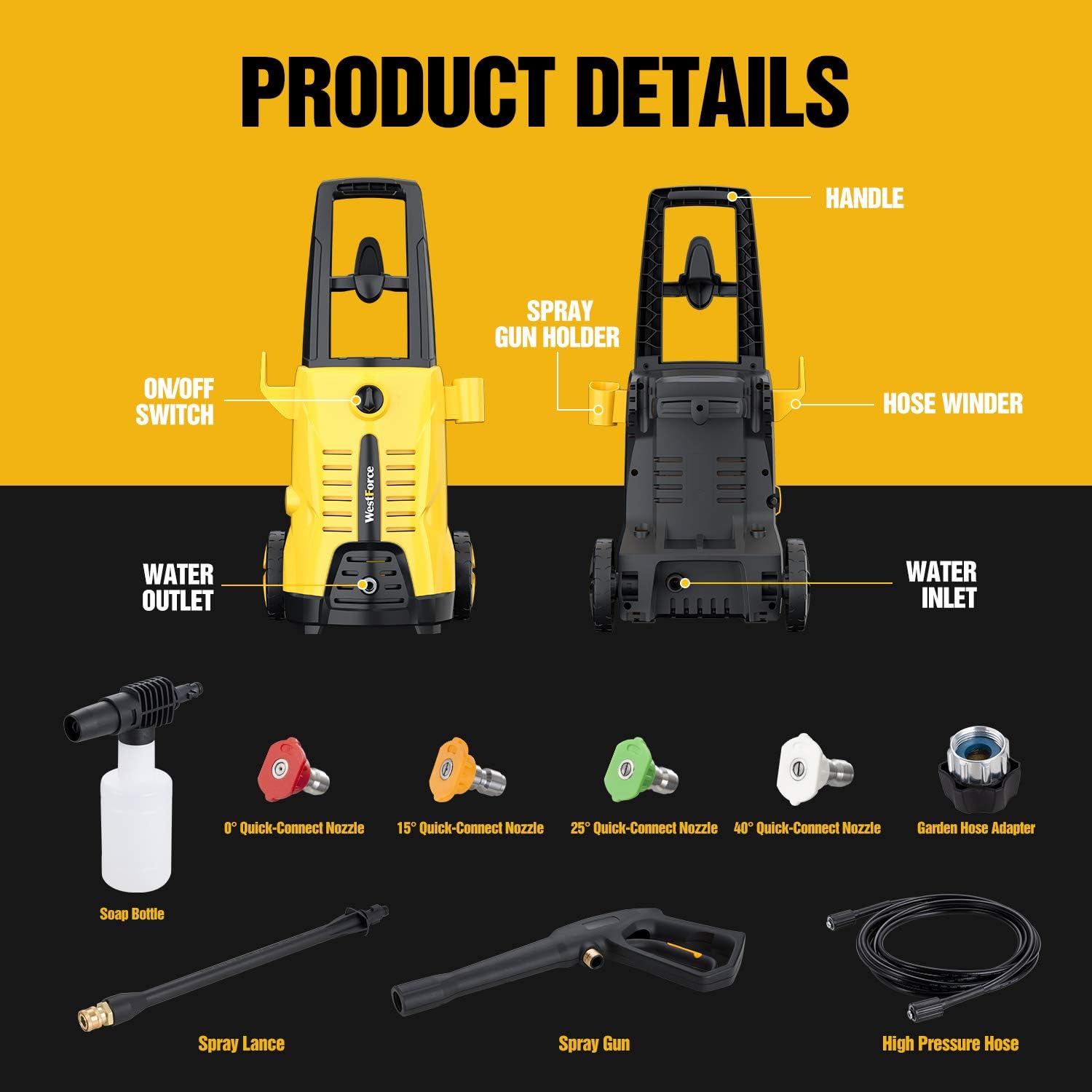 WestForce Electric Pressure Washer 2600 PSI 1.65 GPM Power Washer, 1600W High Power Washer, 20ft High-Pressure Hose, Pressure Cleaner Car Washer with 4 Nozzles & Foam Lance for Vehicle, Home, Garden : Garden & Outdoor