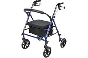 LIVINGbasics Folding Rollator Walker with Seat, 4-Wheels and Convenient Storage Bag, Adjustable Handle Height, Supports up to