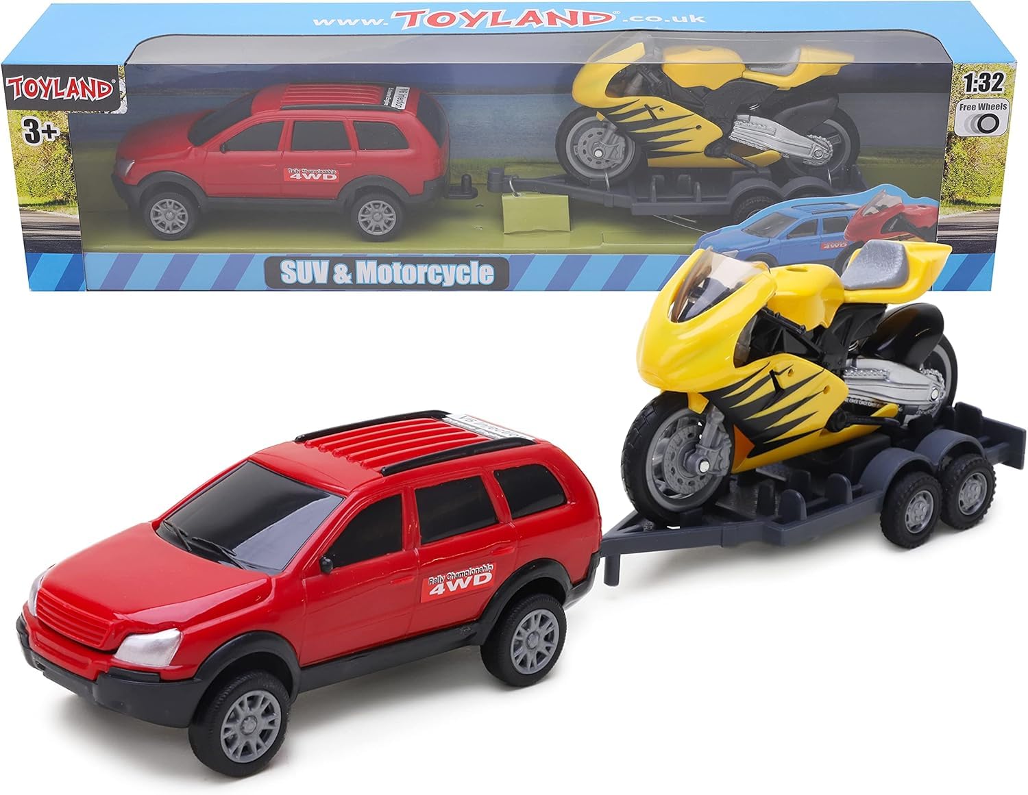 Toyland® 4x4 Car & Motorbike Set -Free Wheels - 1:32 Scale - Play Vehicles (Red)