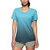 SANTINY Women's T Shirts V-Neck Short Sleeve UPF50+ Sun Protection Quick Dry Athletic Shirt Tee Tops (Gradient Green Grey_M)