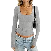 EasyGala Womens Cotton Ribbed Knit Tops Scoop Neck Long Sleeve Shirts Slim Fit Stretchy Going Out Fall Trendy Clothes