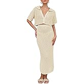 Saodimallsu Women Crochet Beach Cover Up Set Knit Crop Button Short Sleeve Collar Top Bodycon Long Skirt 2 Piece Outfits