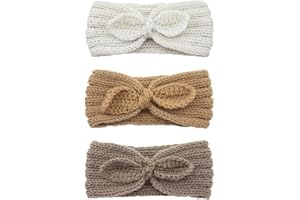 Fmeida 3 Pack Baby Girl Headband, Warm Rabbit Knot Hair Band, Knit Head Wrap Elastics Hairbands, Hair Accessories for Newborn Infant Toddlers Kids Children | White+Camel+Coffee