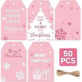 Anwyll Christmas Gift Tags with String - 50Pcs Pink Merry Christmas Name Tags for Gift Xmas to from Tag Have A Merry Little Christmas Tree Label Tag for Present Wrap Goodie Bags Holiday Party Favors