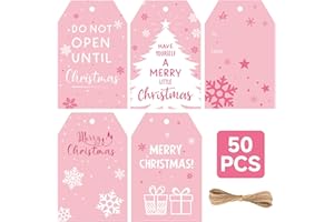 Anwyll Christmas Gift Tags with String - 50Pcs Pink Merry Christmas Name Tags for Gift Xmas to from Tag Have A Merry Little Christmas Tree Label Tag for Present Wrap Goodie Bags Holiday Party Favors