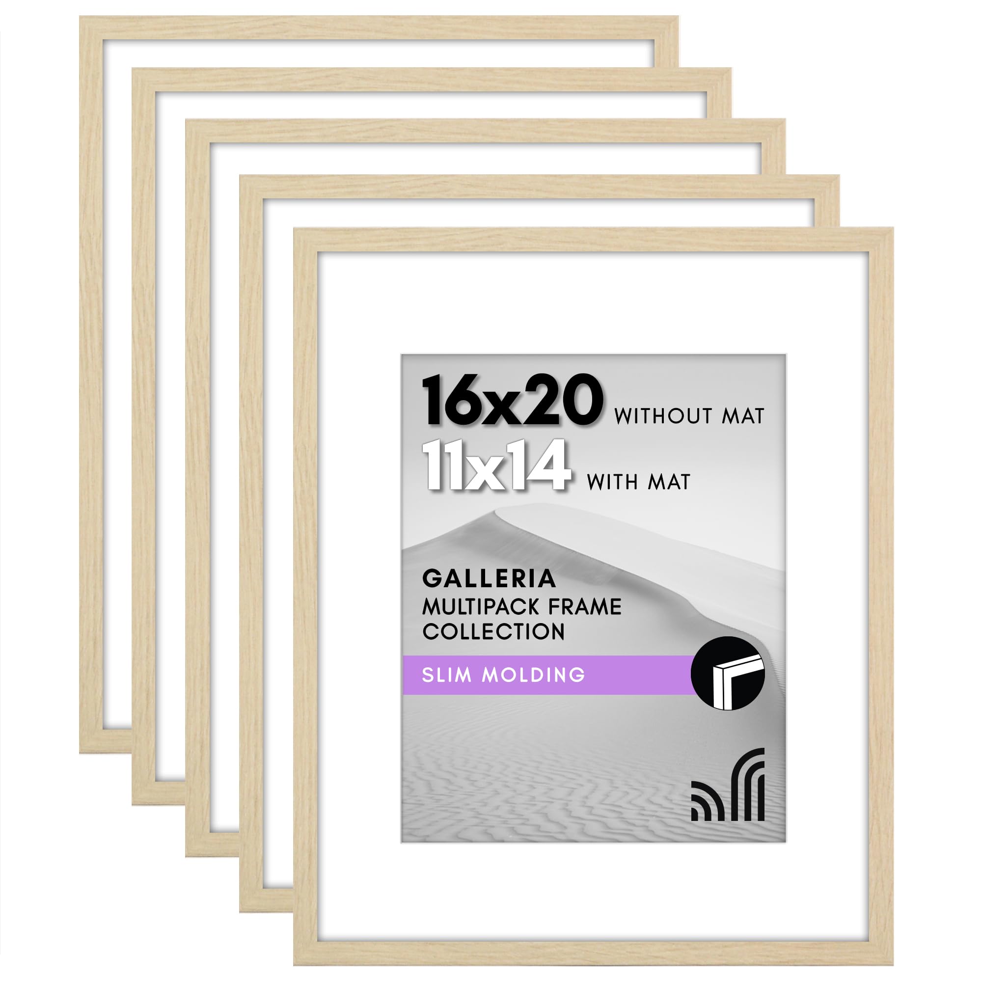 Americanflat 16x20 Picture Frame with Polished Plexiglass - Set of 5 - Use as 11x14 Frame with Mat or Display 16x20 Photo Without Mat - Galleria Collection - Picture Frames for Wall - Natural Oak Image