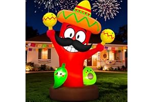 6FT Cinco De Mayo Inflatable Outdoor Decoration Blow Up Chili Holding Makara with Taco Sombrero, Built-in LEDs Lights Mexican