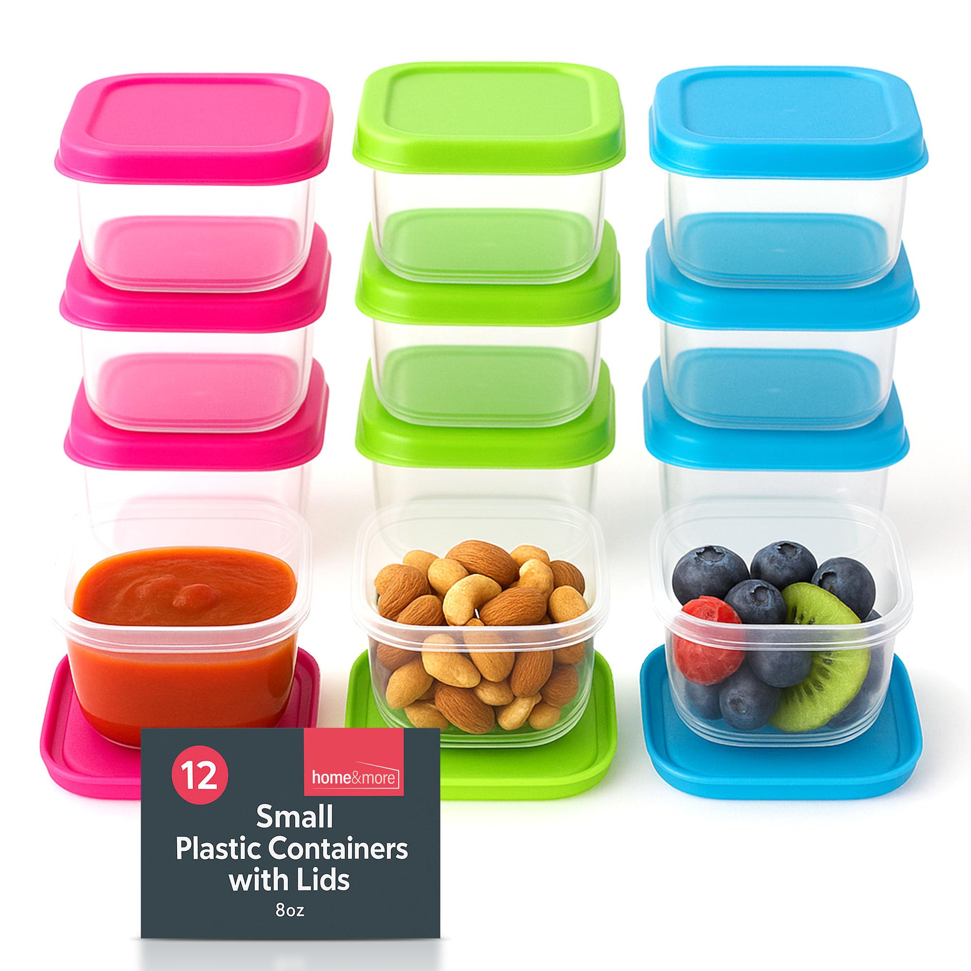 SOL 12pk Small Plastic Food Containers with Lids 6cm x 6cm x 3.5cm Kids Snack Box Stackable Freezer Storage Pots Reusable Food Holders for Lunch Portions Home Kitchen Organisation