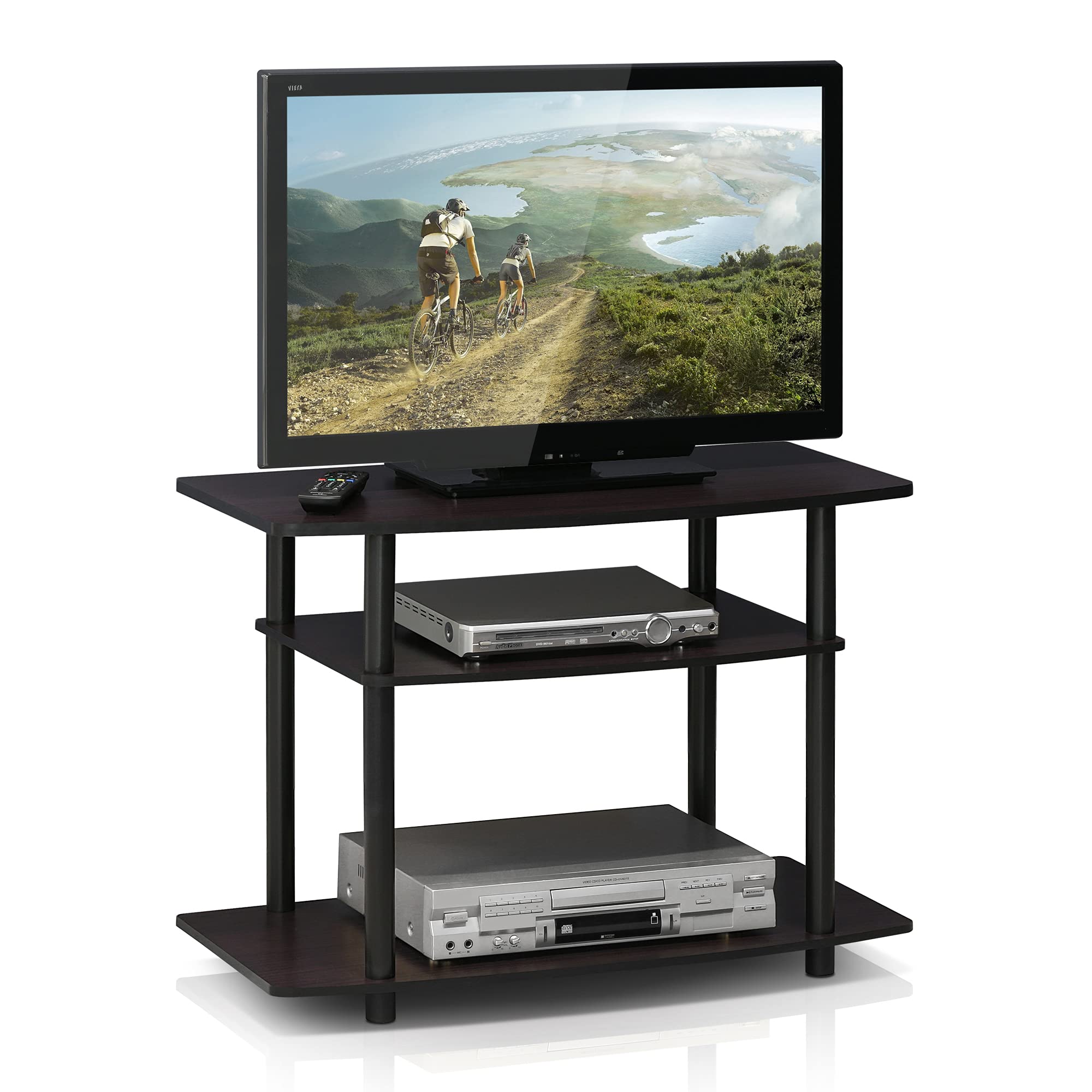 Furinno TURN-N-TUBE TV Stand, 3-Tier No Tools Entertainment Center, TV Console for TV up to 32 Inch, for Living Room, Bedroom, Dark Walnut
