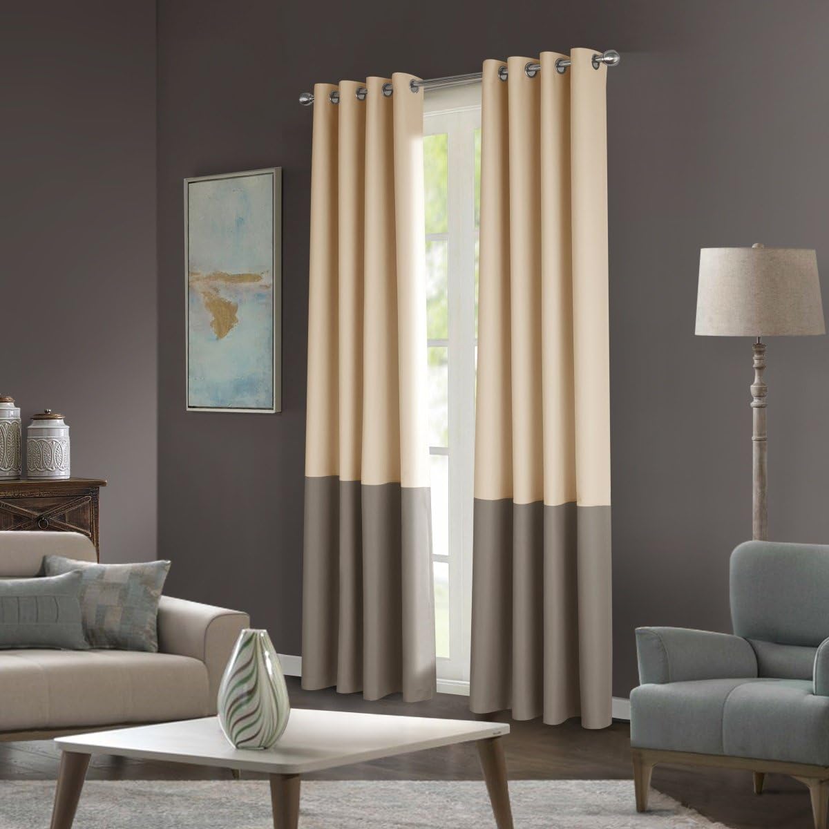 Dreaming Casa Color Block Two Tones Room Darkening Curtains 84 inches Long for Bedroom Window Treatment Grommet Top Drapes 2 Panels Beige & Taupe 52''W X 84''L