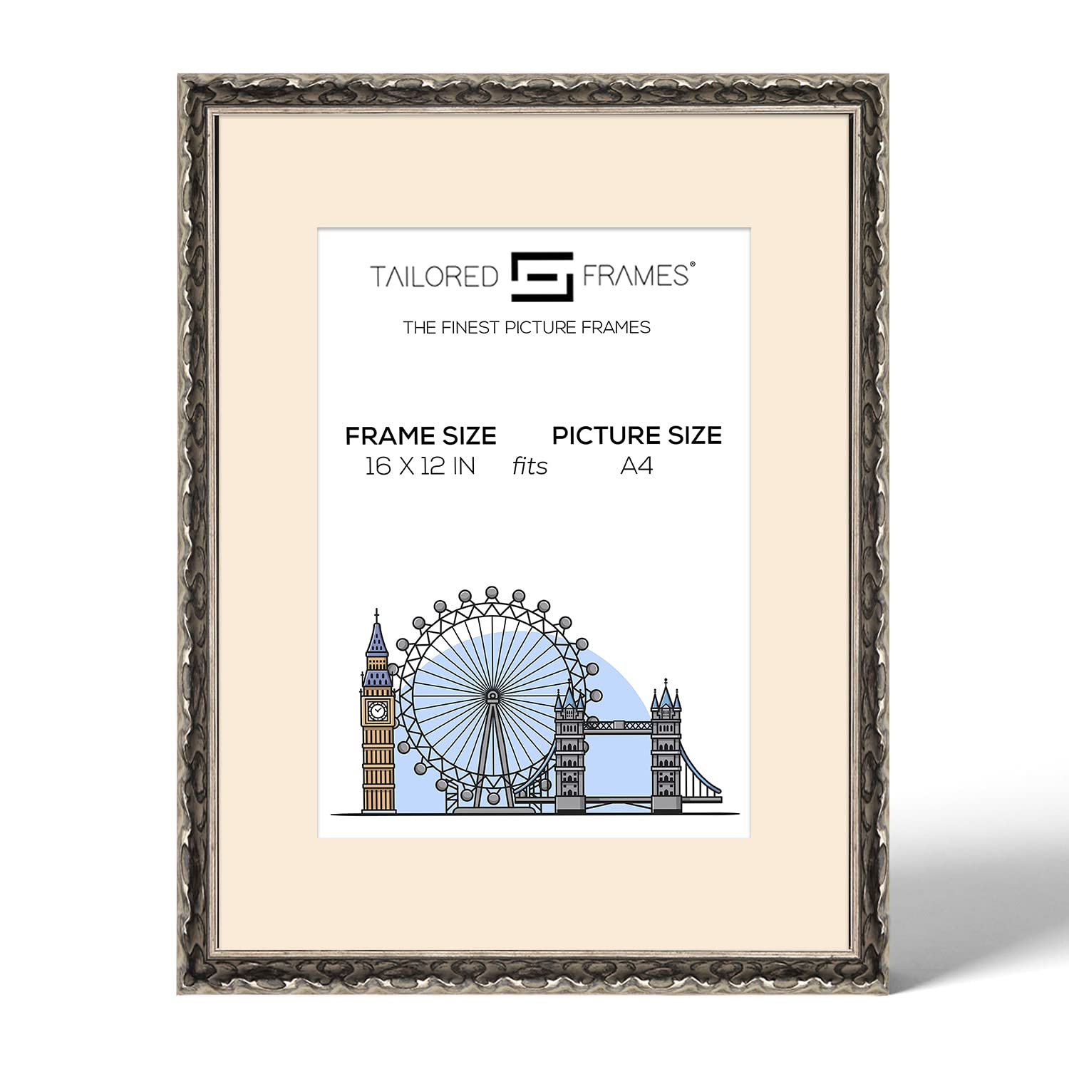Tailored Frames Vienna Silver 16" X 12" Frame for A4 Picture | Rustic Style Vintage Single Picture Frame | Wall Hanging Type | Photo Frame with Antique Mount