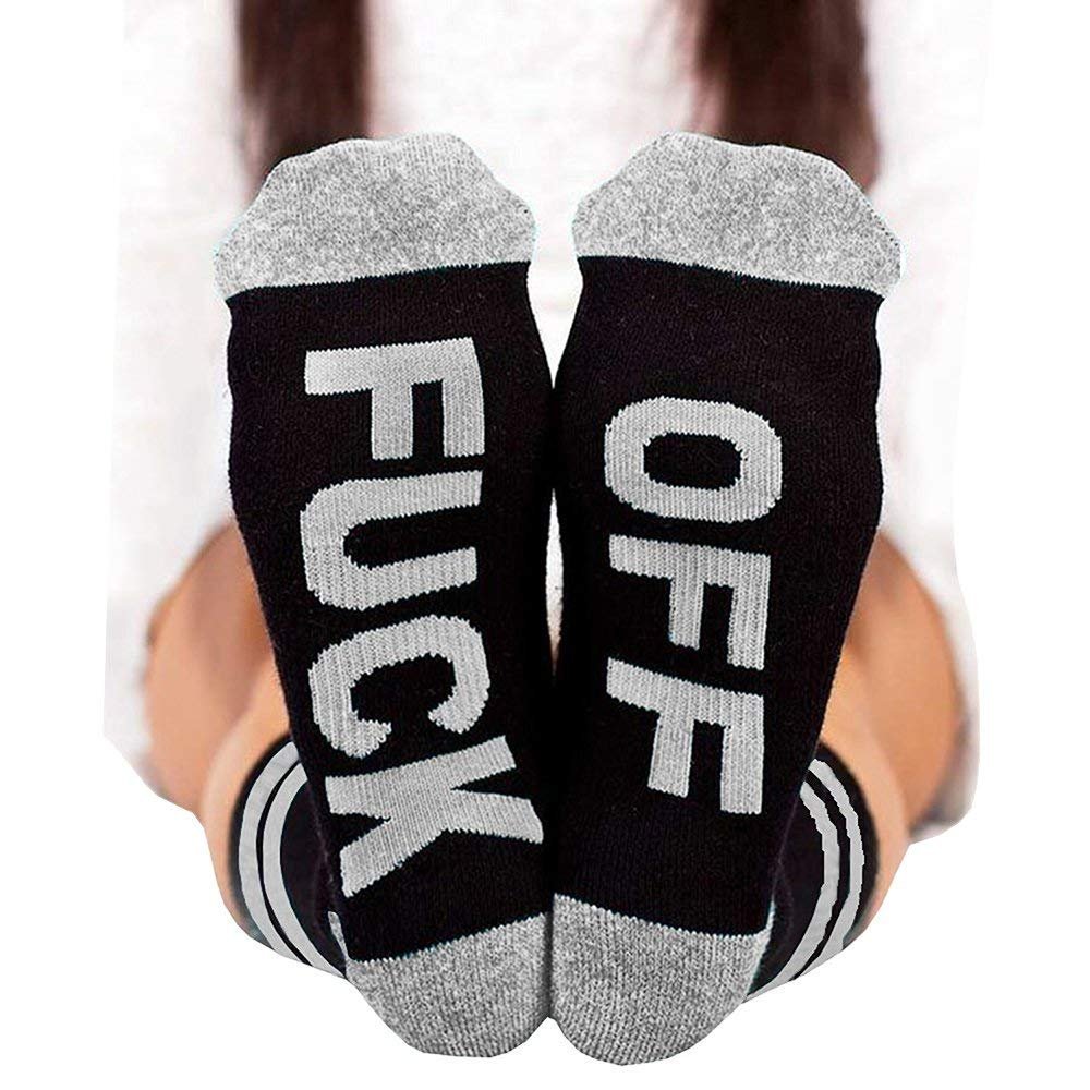 Chuanqi Womens Funny Saying Socks Fuck Off Half Crew Cotton Letter Printed Ribbed Knit Socks