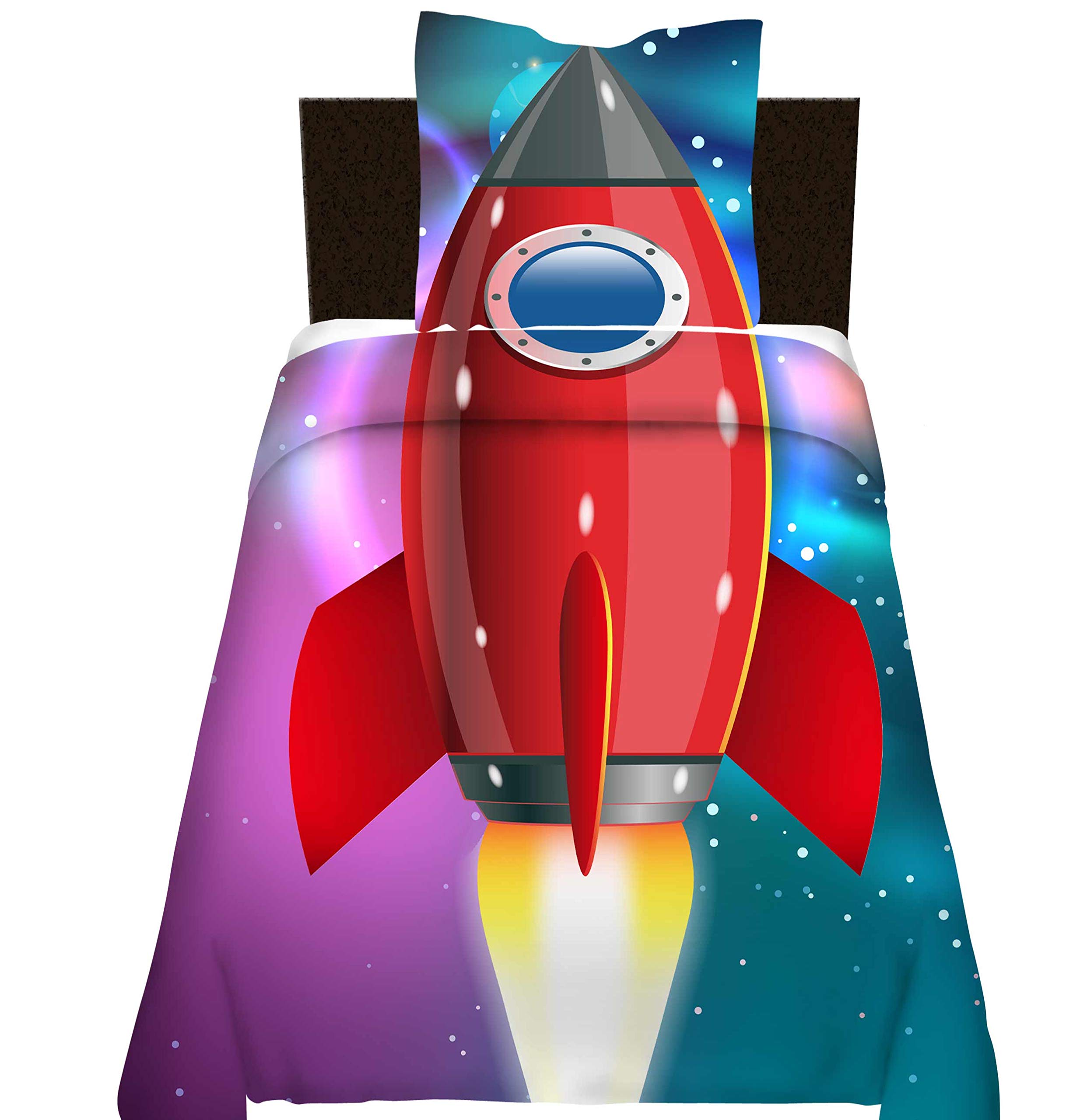 Rocket Printed Bedding Set,Kids Modern Chid Duvet Cover Set 3D Galaxy Comforter/Quilt Bed Set 2 Piece for Boys Girls Luxury Microfiber Colorful Space Ship Bedspreads Star Bedclothes(Single) — image 1