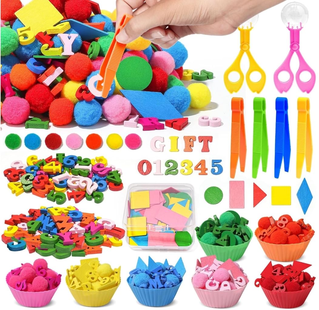 Photo 1 of ZhowHoHo 270 Pcs Letters and Numbers Sensory Bin Fine Motor Toys Counting Sorting Sensory Bin Filler 100 Pcs Pompoms 100 Pcs Wooden Letters and Numbers 50 Geometric for Preschool Education Activities