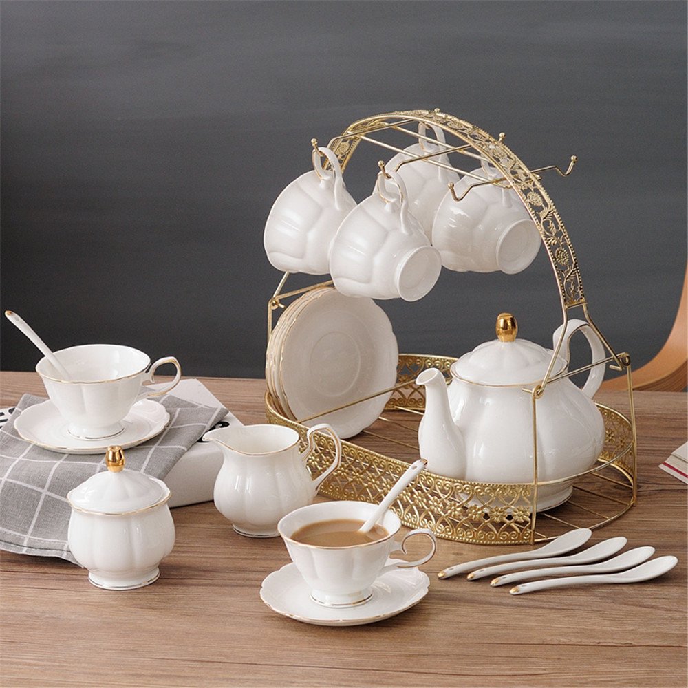 ufengke-ts 15 Pieces Simple White English Ceramic Tea Sets,Tea Pot,Bone China Cups with Metal Holder Matching Spoons,Afternoon Tea Set Service Coffee Set