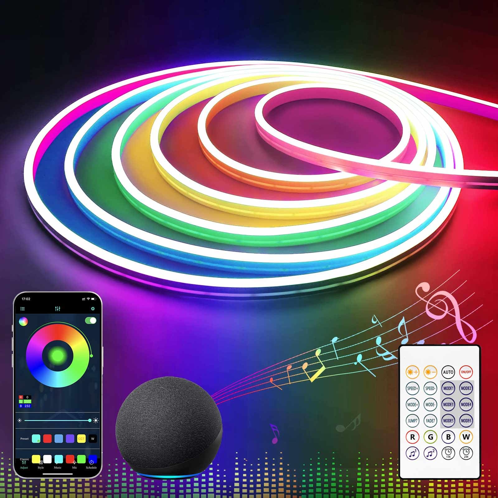 Neon LED Strip 3m, RGB Flexible Neon LED Strip with APP Control, Bright Neon COB 120 LED/M IP65 Neon LED Strip for Indoor Outdoor DIY Bedroom, Living Room, Bathroom, Decoration