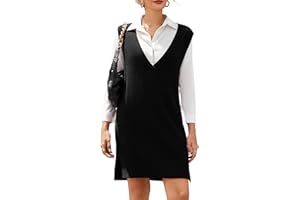 HOTOUCH Women's V Neck Sweater Vest Dress Oversized Sleeveless Casual Pullover Sweater Fall Winter Knit Slit Short Dress