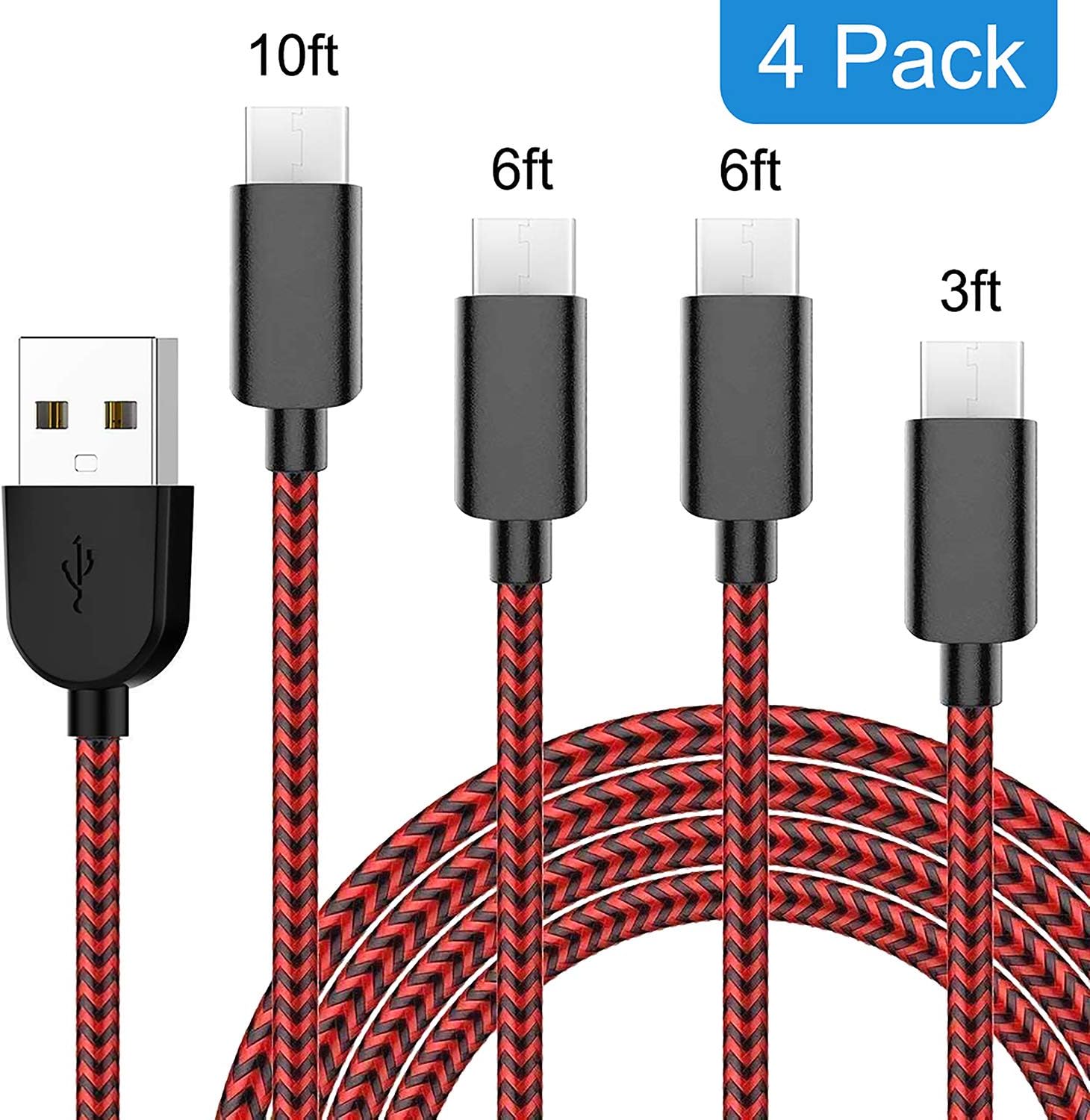 Type C Charging Cable Fast Charge (3FT 6FTx2 10FT) Braided Nylon Type C Charger Cables Fast Charging Cord for Samsung Galaxy S20 /S20+ S10 S10e Note 10 9 S9 S8 Plus LG V30 G6 G5 (Black Red)