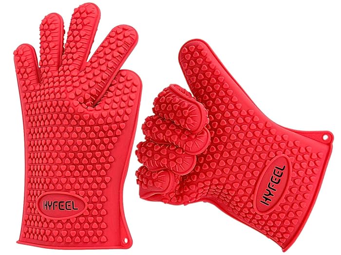 HYFEEL Silicone BBQ Cooking Gloves Kitchen Oven Mitts Heat Resistant for Baking Grilling Frying Barbeque with Fingers,1 Pair (Red)