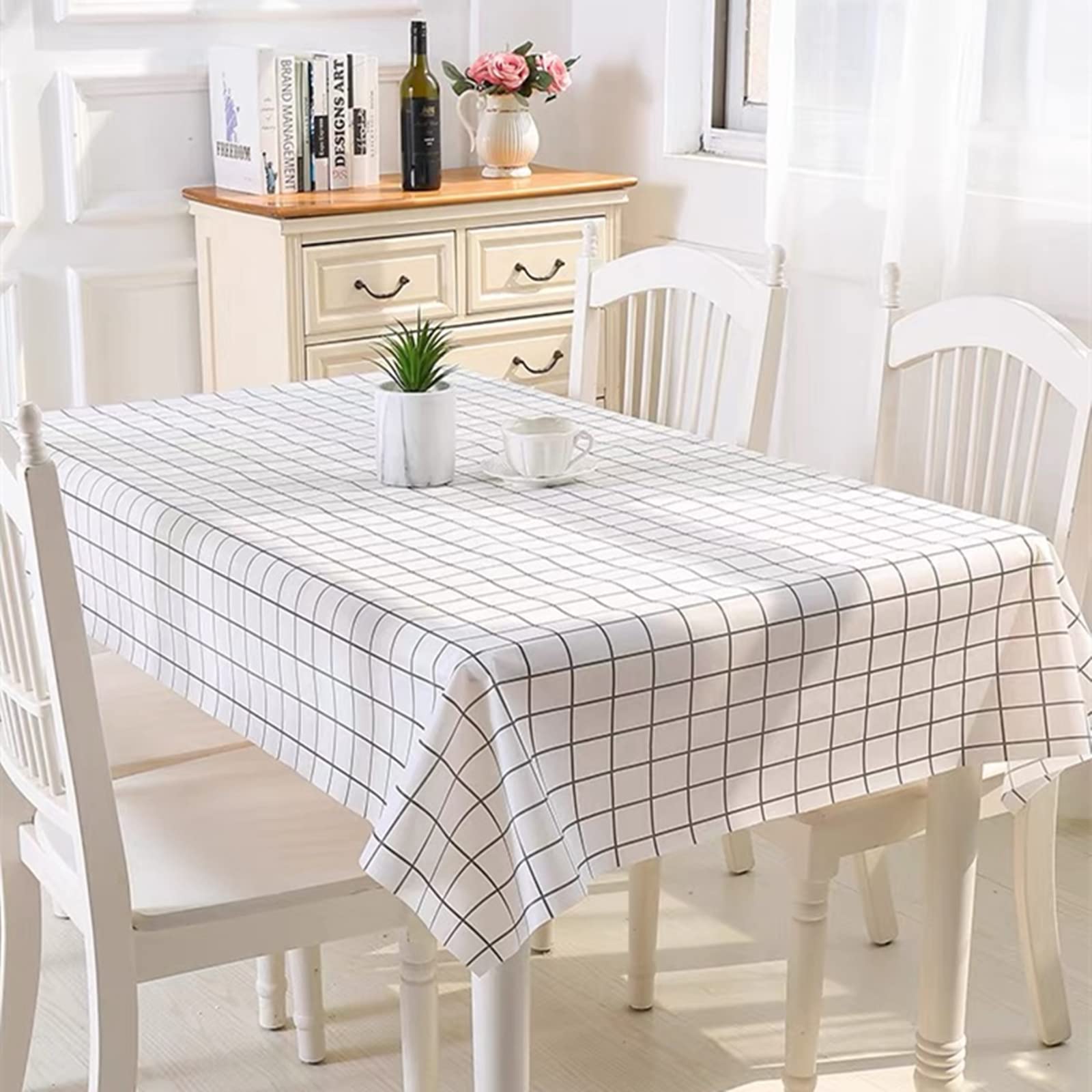 Aisszhao 137 * 180cm Wipe Clean PVC Tablecloth,Rectangular Large Easy Care Table Cover White Checkered Reusable Oil-proof Gingham Table Cloth for Holiday Dinner Outdoor Picnic (White plaid)