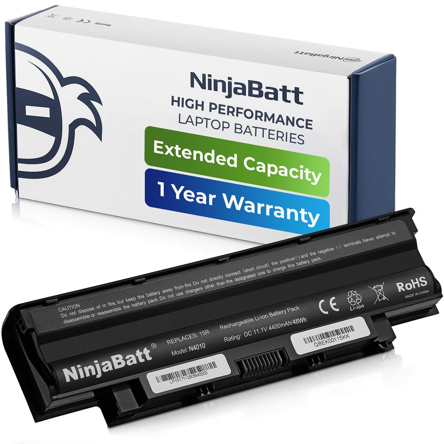 NinjaBatt Battery for Dell J1KND 04YRJH Inspiron N5110 N5010 N5050 3520 15R N5030 N5040 17R N4010 N7010 N7110 M5030 M5040 N4110 Vostro 3550 3750 1540 3450 - High Performance [6 Cells/4400mAh]
