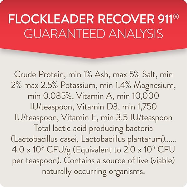 FLOCKLEADER RECOVER 911, SEVERE STRESS PROBIOTIC WATER SUPPLEMENT FOR CHICKENS WITH ELECTROLYTES, PREBIOTICS & OREGANO, MOLTING, EXTREME WEATHER, AND PREDATOR ATTACK SUPPORT, 8 OZ