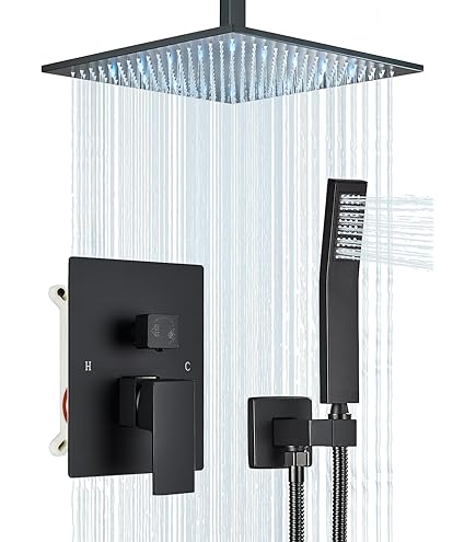 Aolemi Matte Black 8" Rain Shower System With 3 Functions ABS Hand Shower Wall Mount Shower Head Set With Tub Filler, Rough Valve And Trim Including
