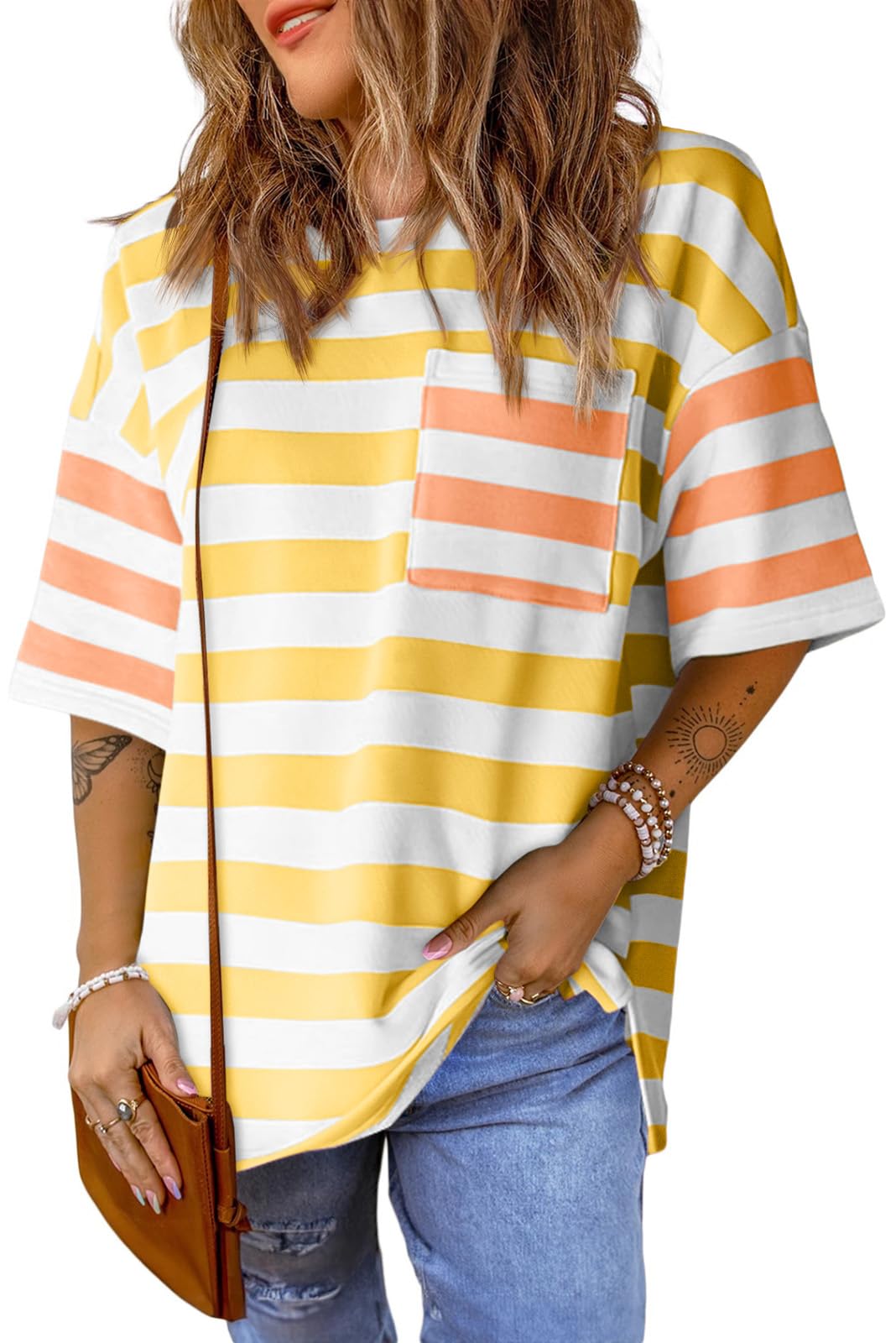 Photo 1 of Womens Oversized Color Block Striped Tshirts Summer Casual Short Sleeve Tops Loose Fit Crew Neck Shirts Yellow